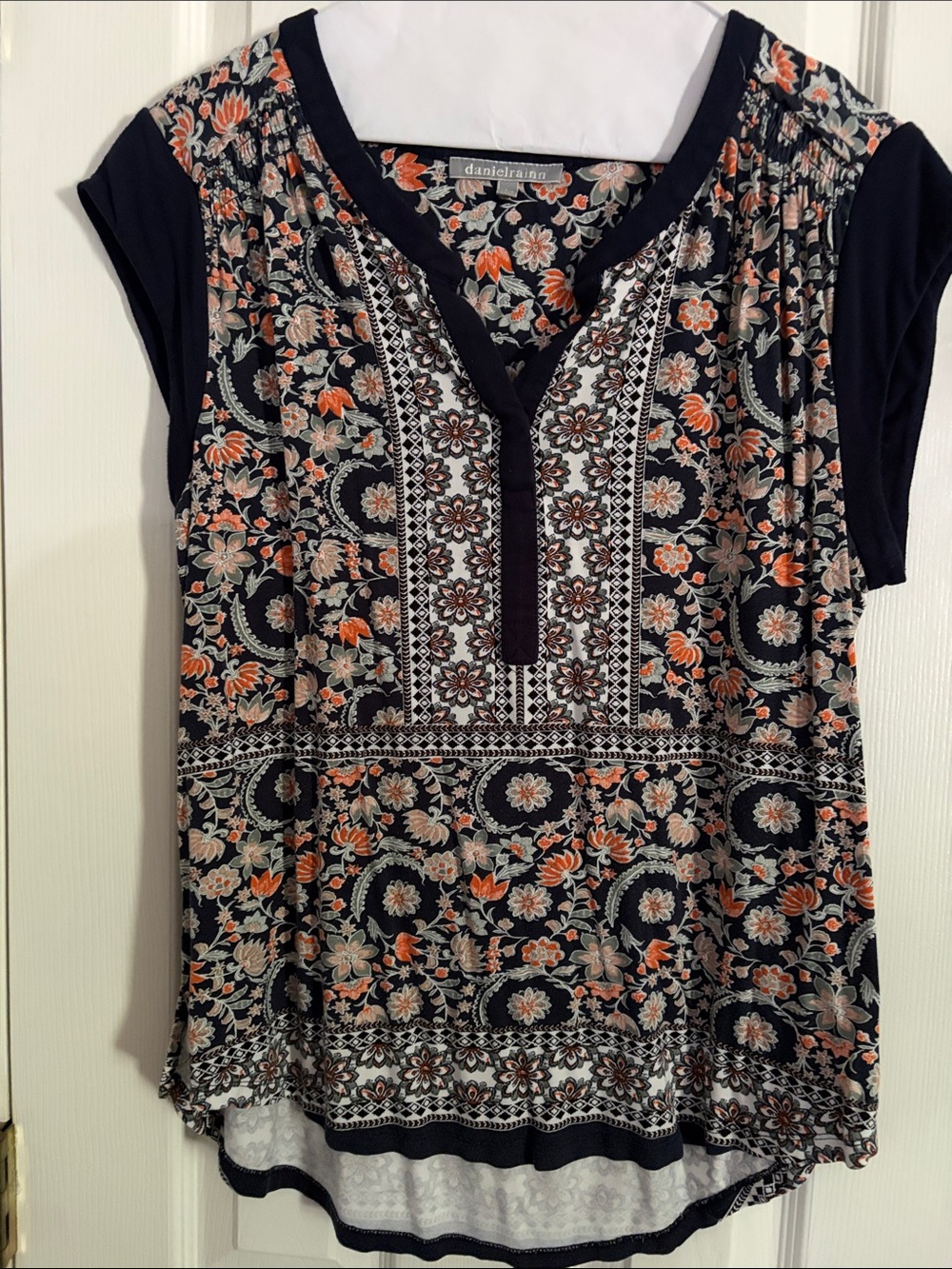 Daniel Rainn Navy Floral V-Neck Short Sleeve Tunic with Orange Accents